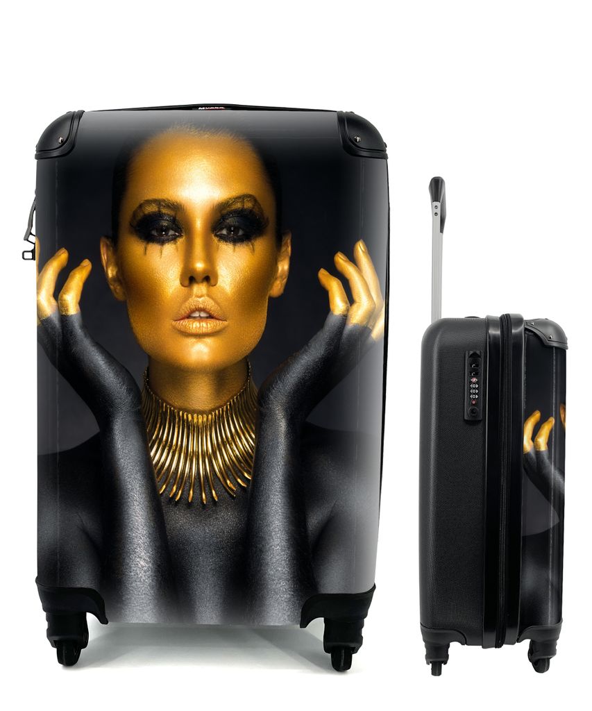 MuchoWow Koffer Handgepäck Trolley Rollkoffer Kleine Reisekoffer mit 4 Rollen - Frau - Porträt - Gold - Luxus - Schwarz - Cabin Size < 55x40x23...