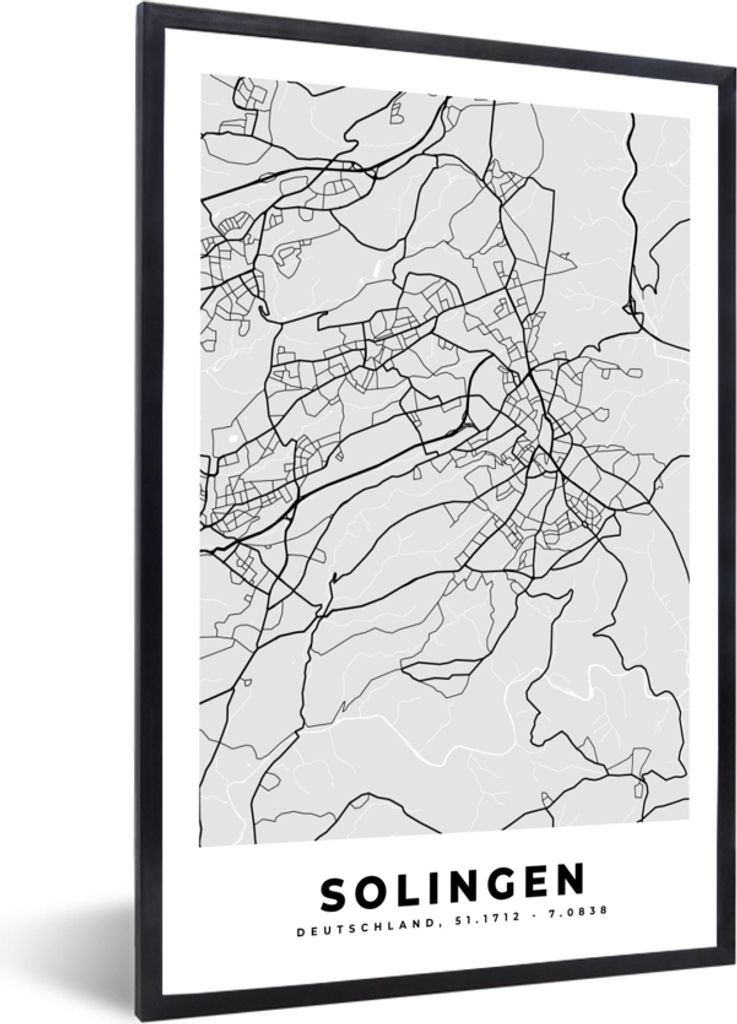 MuchoWow Gerahmtes Poster Karte - Deutschland - Solingen- Karte - Stadtplan 60x90 cm - Poster mit Schwarzem Bilderrahmen Wandposter Rahmen Foto B...