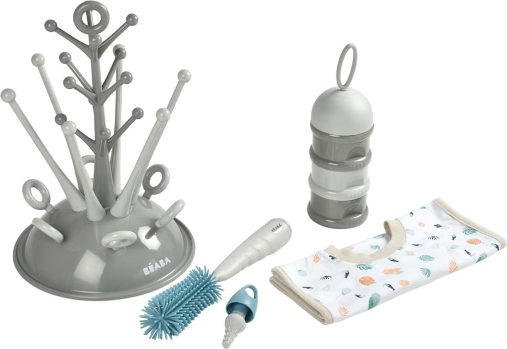 Beaba Baby Geschenkset (Trockenstaender Baum grau - Milchpulver-Dosierbox Hell/Dunkelgrau/ Silikon-Flaschenbuerste/ Lernlaetzchen Tropical); 911675