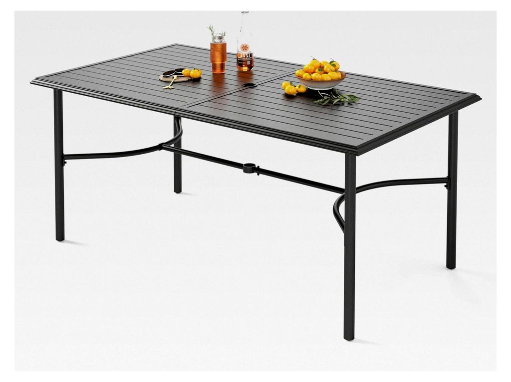 Wetterfester Gartentisch mit Schirmloch für 6 Personen, Outdoor Tisch 170 * 96 cm, Schwarz