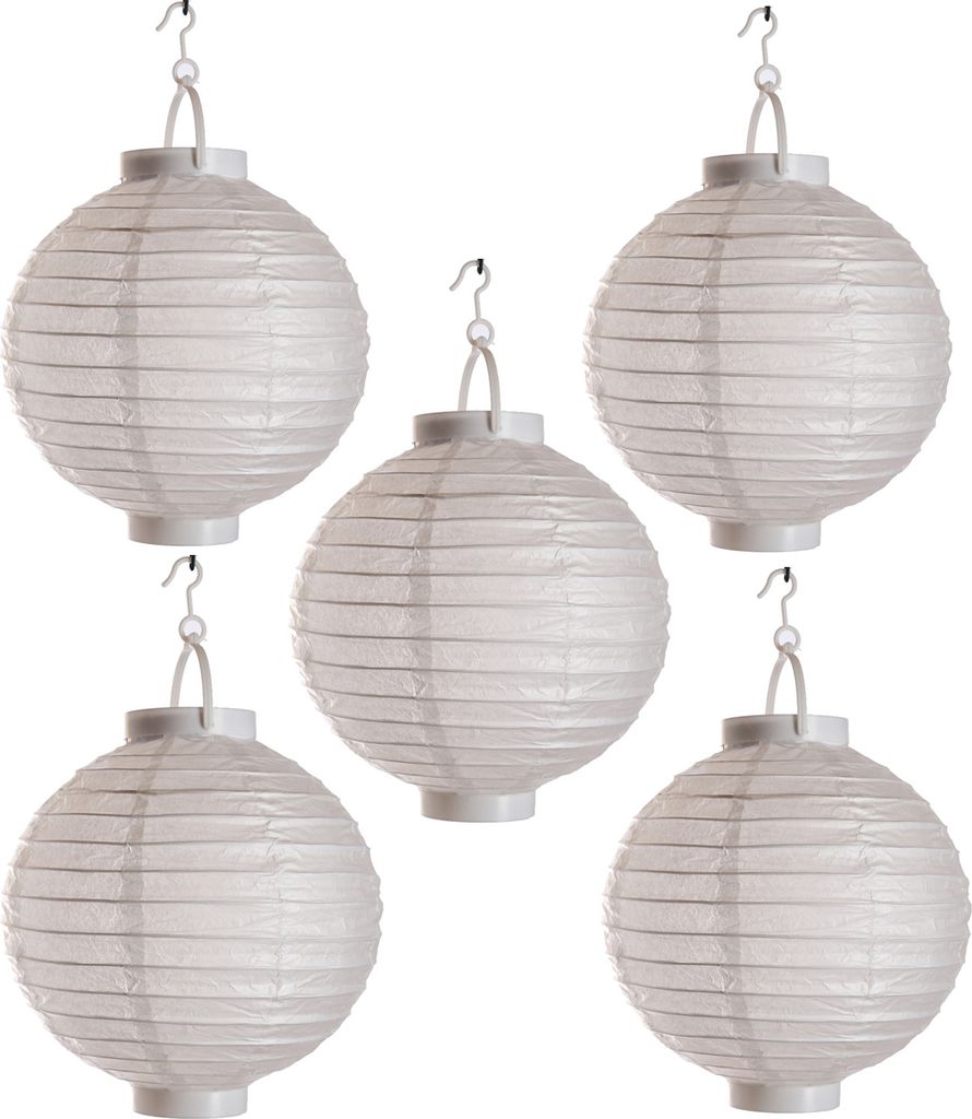 LED Lampion - kaltweiße LED - D: 30cm - Montagehaken - Batteriebetrieb - weiß - 5er Set