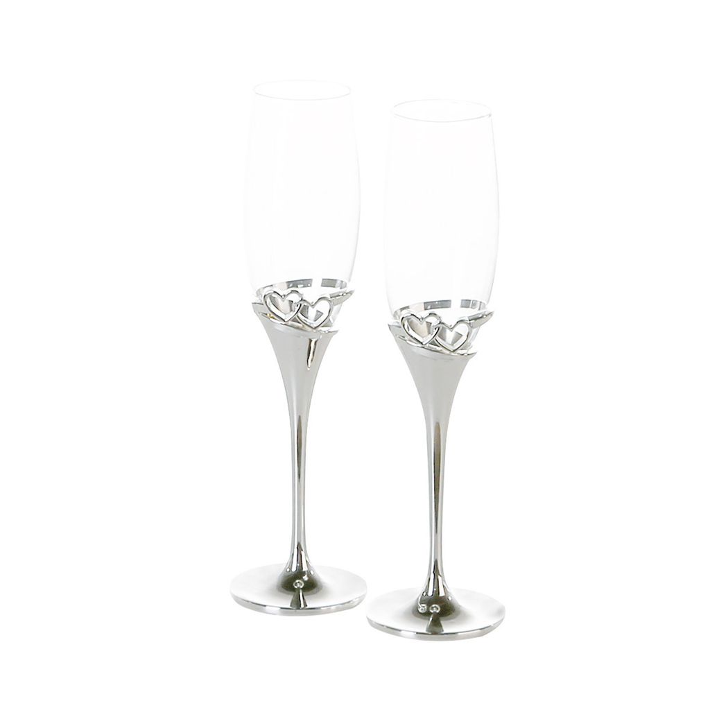 Gilde 2tlg. Set, Champagnerglas, Sektglas, "Hearts", Herzmotiv, Glas, Metall, klar, silberfarben, VE 1, H. 25.5 cm, D. 7 cm 50074 4001250500742