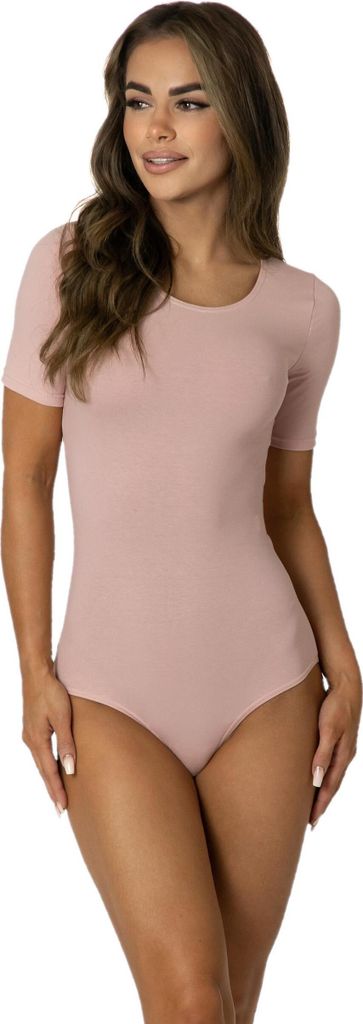 Alkato Damen Kurzarm Body Baumwolle Bodysuit mit Rundhalsausschnitt blickdicht, Farbe: Puderrosa, Größe: L (Long 170-176 cm)
