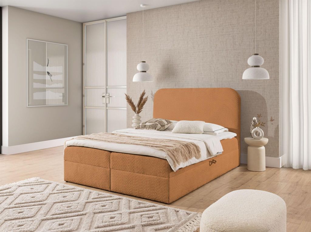 Boxspringbett Schlafzimmerbett BINETA 180x200cm Stoff Coral Cognac