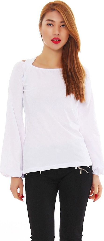 Amel Damen Oberteil Longshirt Langarm Shirt Top Tunika mit Schulter Cut Outs Ausschnitt, Weiß XL