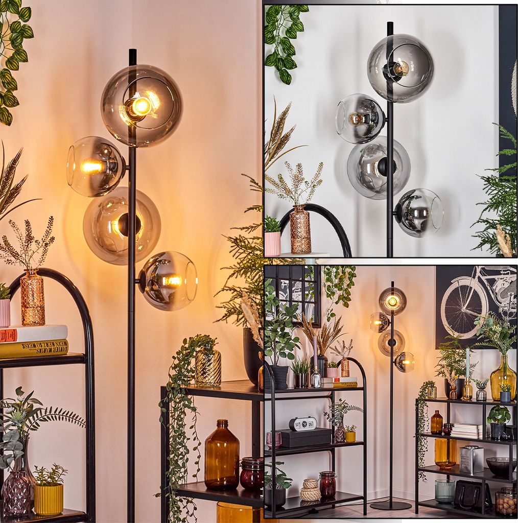 Carentino Stehlampe aus Metall/Glas in Schwarz/Rauchfarben/Klar mit Fußschalter