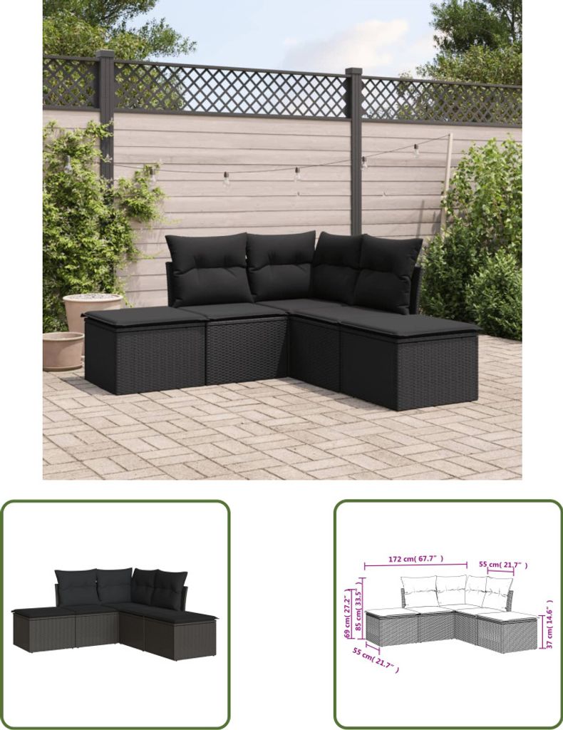 The Living Store 5-tlg. Garten-Sofagarnitur mit Kissen Schwarz Poly Rattan