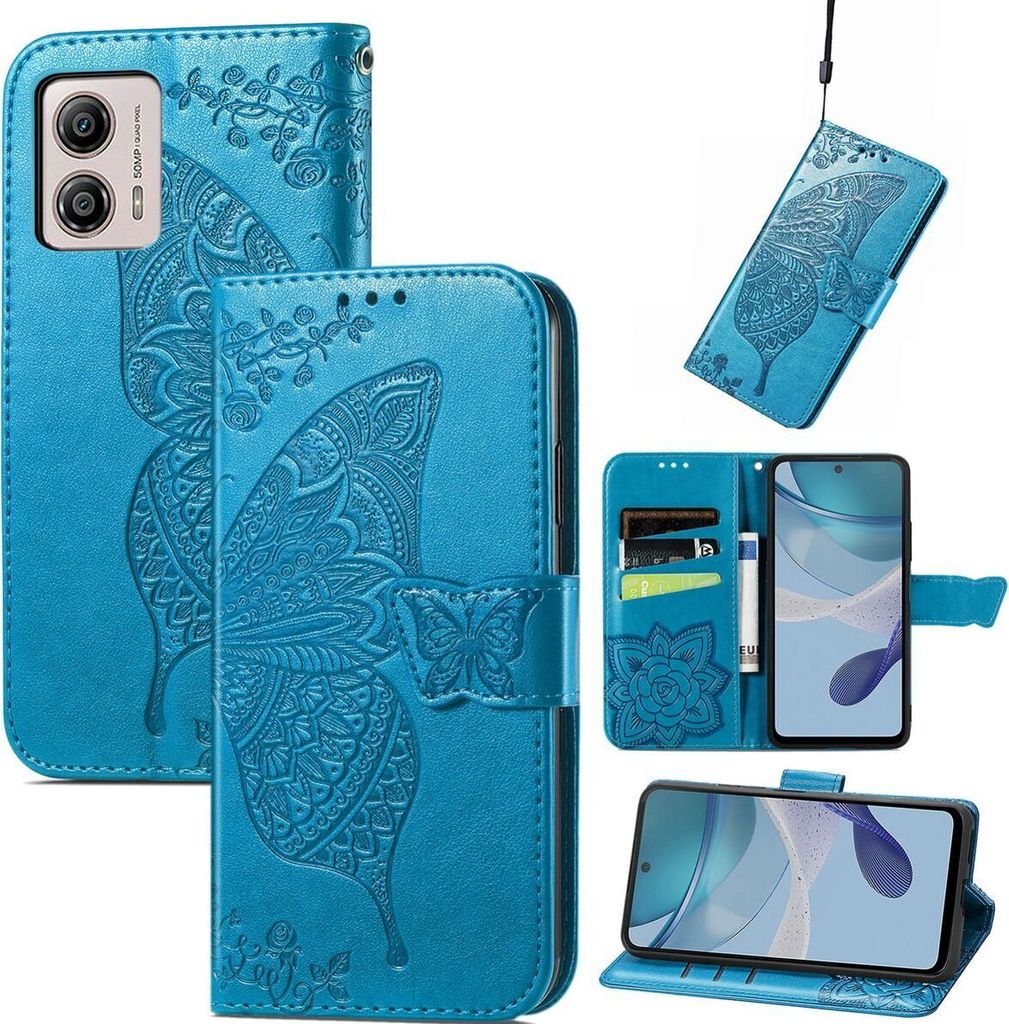 Mobigear Butterfly Motorola Moto E13 Hülle Klapphülle Geldbörse - Blau