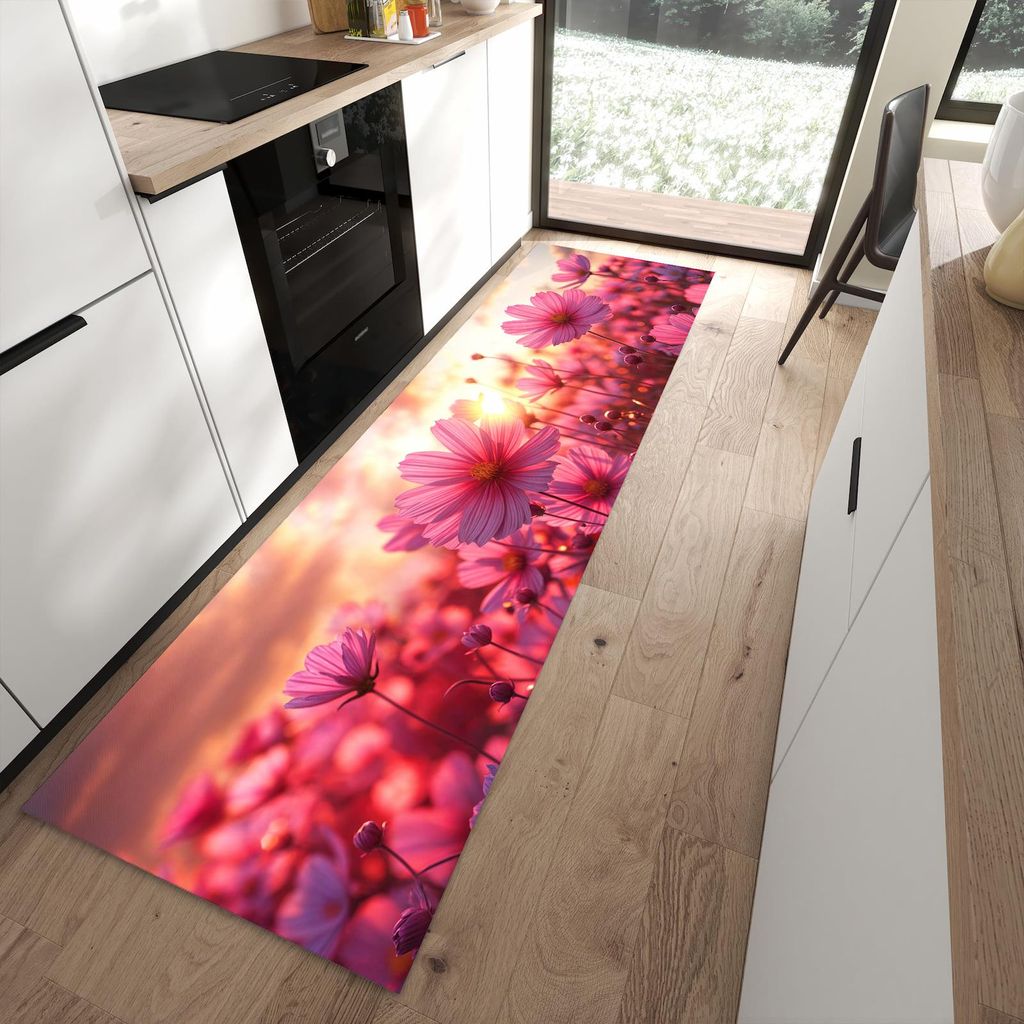 Küchenteppich 80x280cm rutschfest & abwischbar PVC Läufer - Blumenfeld Sonnenuntergang