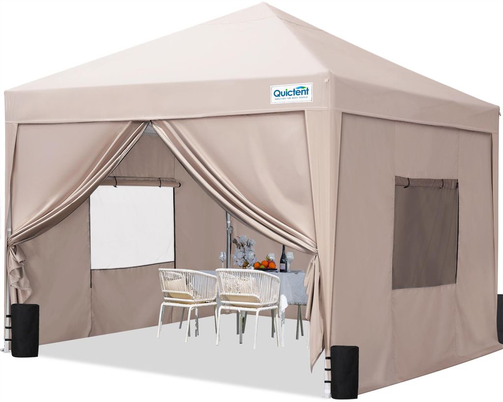 Quictent Pavillon 3x3 mit 4 Seitenteilen, Faltpavillon mit Entlüftung Wasserdicht Stabil, Gartenpavillon mit 4 Sandsäcke und Rollentasche, Beige