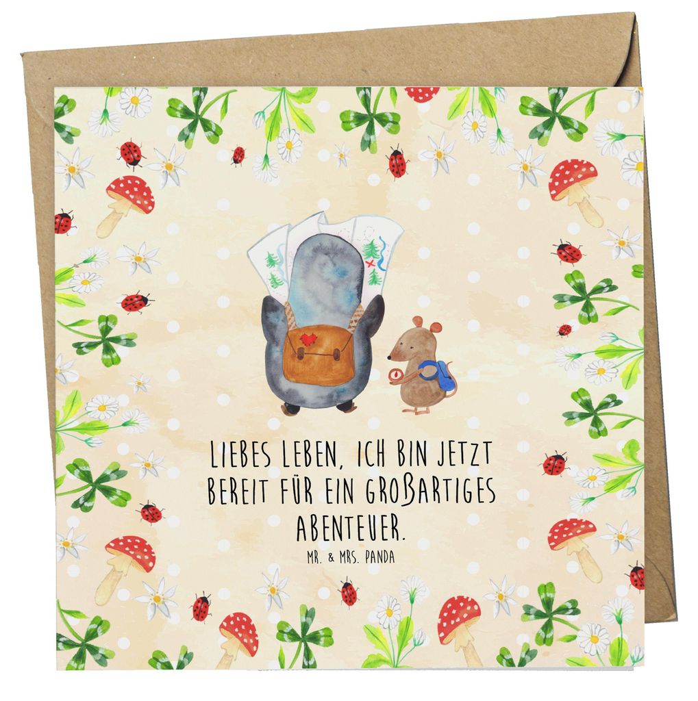 Mr. & Mrs. Panda Grußkarte Pinguin & Maus Wanderer - Naturpapier - Geschenk, Ausflug, anlasskarte, Abenteuer, doppelkarte, Glückwunschkarte, falt...