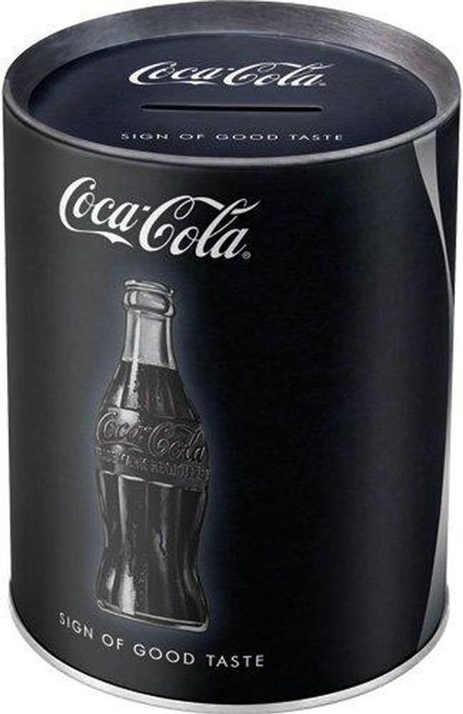 A cylindrical Coca-Cola money box with the brand logo and a depiction of a Coca-Cola bottle.