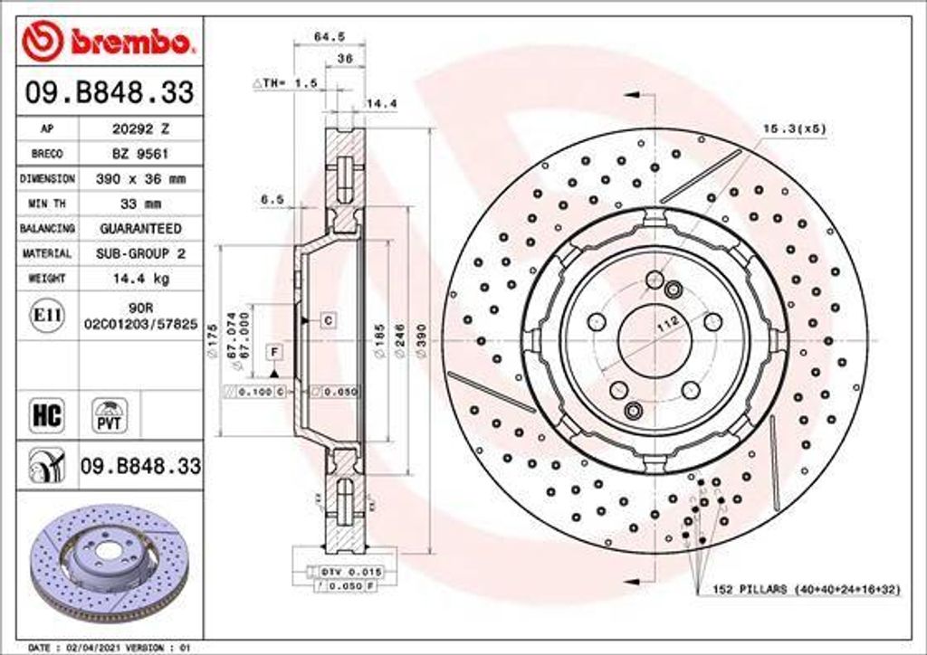 BREMBO 09.B848.33 Bremsscheibe OE 2314210612 kompatibel mit SL, GLC, E-Klasse, C-Klasse, AMG GT