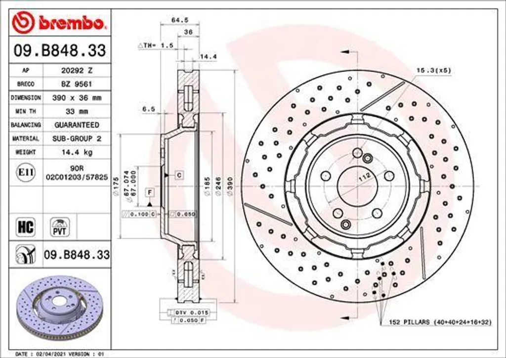 Disque de frein avant ventilé Brembo compatible Mercedes GLC et Classe C