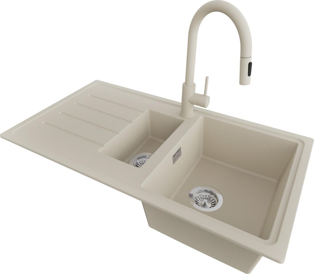 PRIMAGRAN Granitspüle Beige 90x50cm, Spülbecken 1,5 Becken + Küchenarmatur 40x20cm + Ablauf-Set, Küchenspüle ab 60er Unterschrank - Kopenhagen...