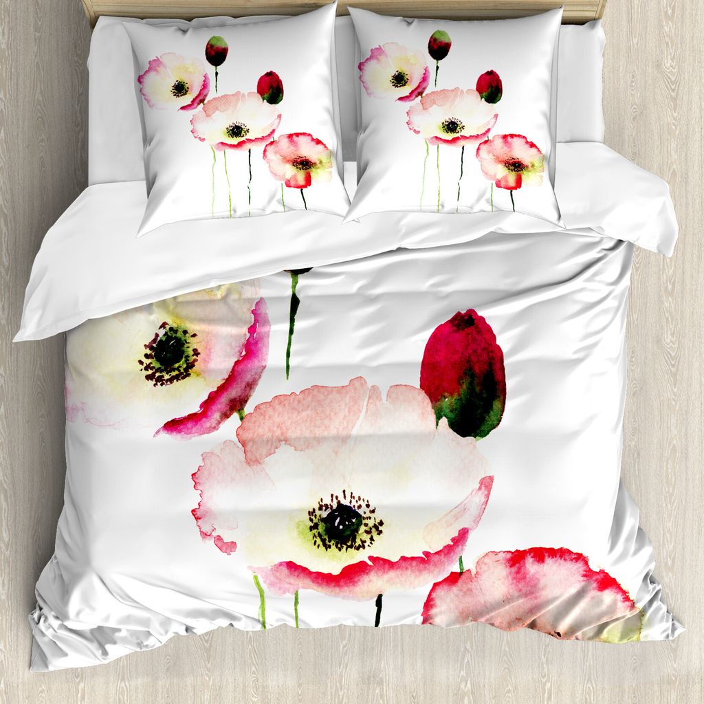 ABAKUHAUS Mohn Bettbezug, Poppy Vintage-Blüten, Milbensicher Allergiker geeignet mit Kissenbezügen, 155 cm x 220 cm - 80 x 80 cm, Pink Rot