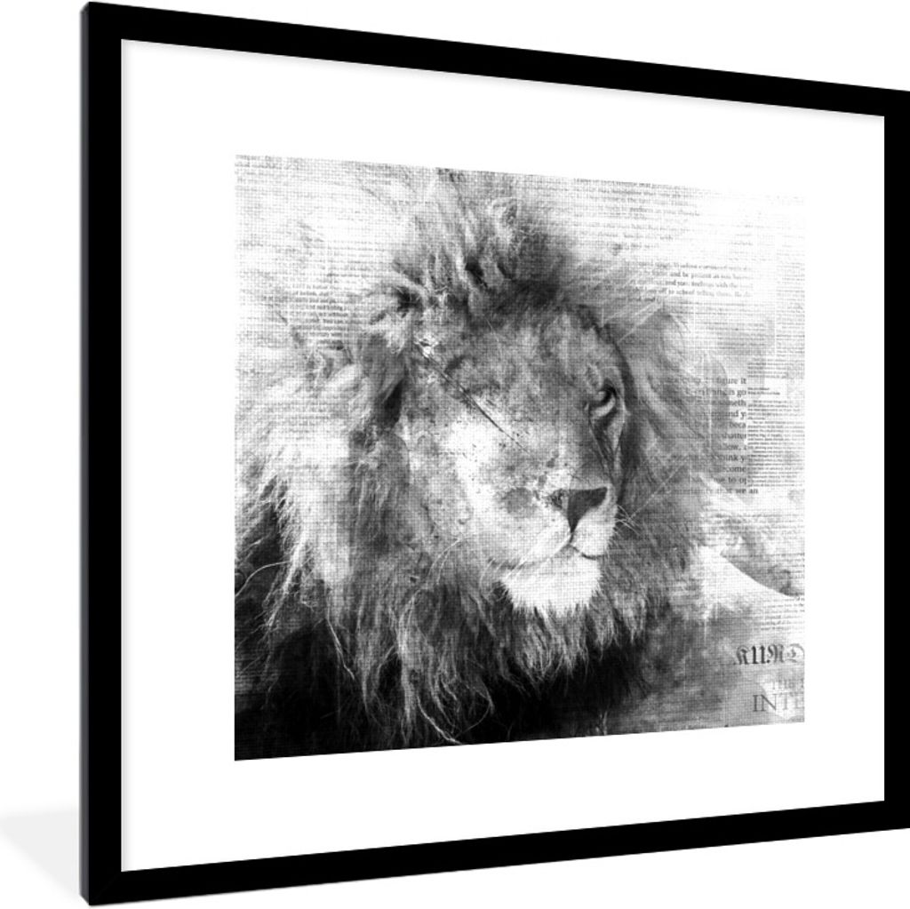 MuchoWow Gerahmtes Poster Löwe - Zeitung - Schwarz - Weiß 40x40 cm - Poster mit Schwarzem Bilderrahmen Wandposter Rahmen Foto Bilder - Poster -...