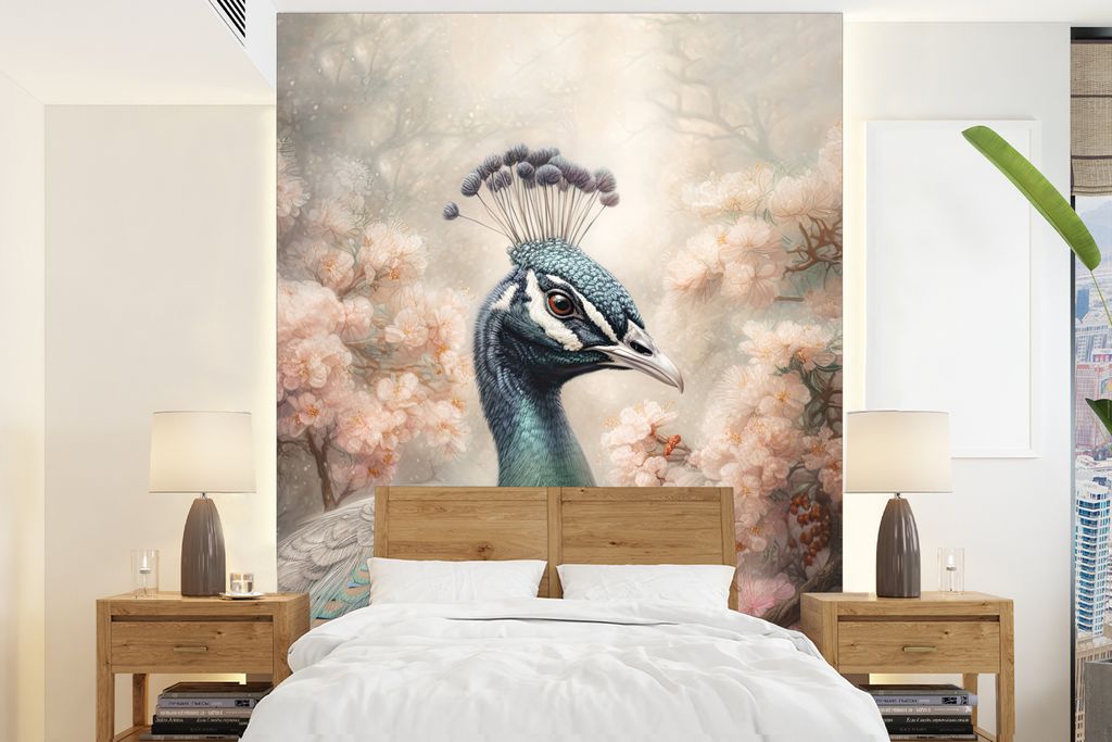 MuchoWow Fototapete für Wohnzimmer oder Schlafzimmer Wandtapete Vinyl Motivtapete Pfau - Vögel - Blumen - Baum - Botanisch - 195x260 cm - Wandbild