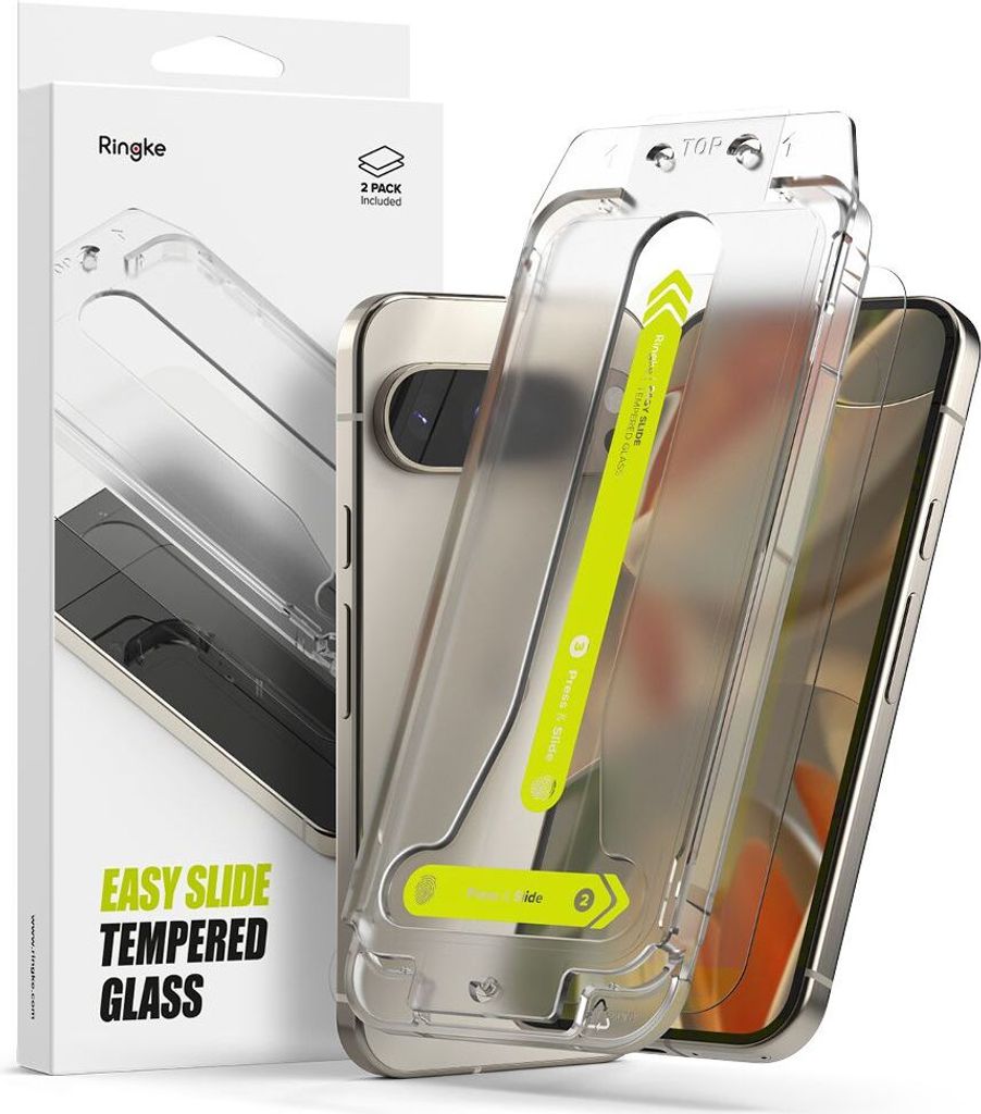 A product shot of a Ringke Easy Slide Tempered Glass screen protector for Google Pixel 9 / 9 Pro, shown with its packaging and an installation guide.
