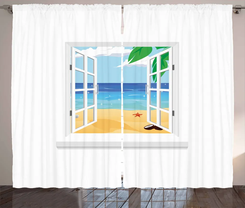ABAKUHAUS Tenda rustica da spiaggia, vista finestra foglie oceaniche, tenda con passanti e ganci per camera da letto, 280 x 175 cm, marrone bianco sabbia