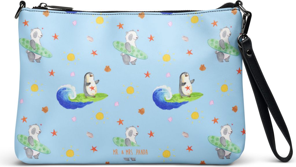 Mr. & Mrs. Panda Damenhandtasche Pinguin Surfer - Blau - Geschenk, Handtasche Damen, Optimistisch, Hawaii, Umhängetasche, Urlaub, Schultergurt-Tas...