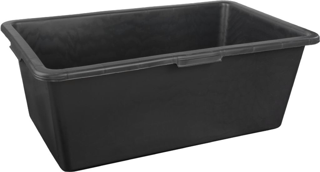 A black rectangular mortar tub is shown from a slightly elevated side angle against a white background.