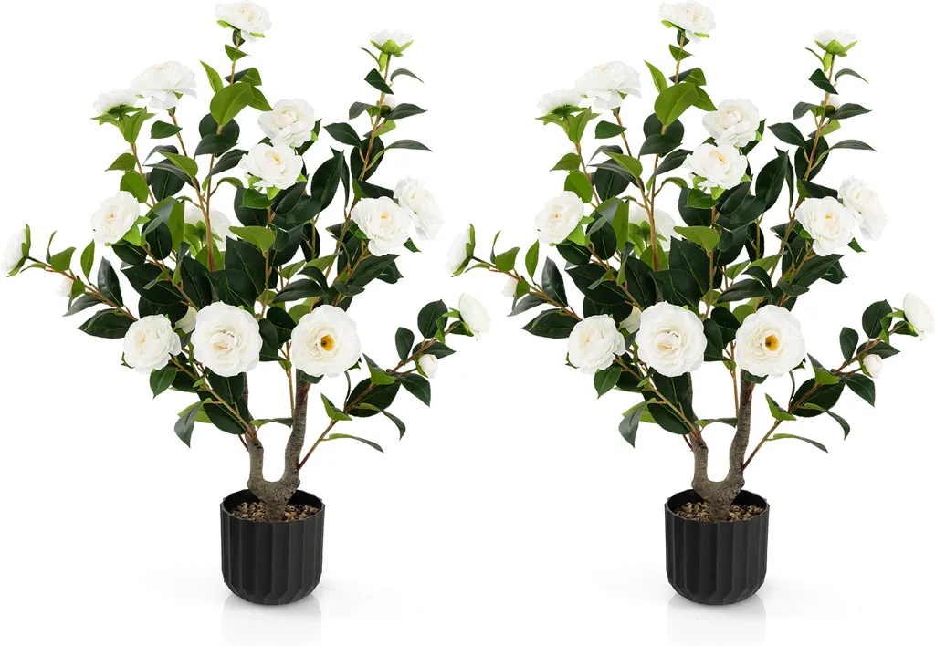 Set 2 Alberi Camelia Artificiale COSTWAY 95cm Bianchi con Vaso Design