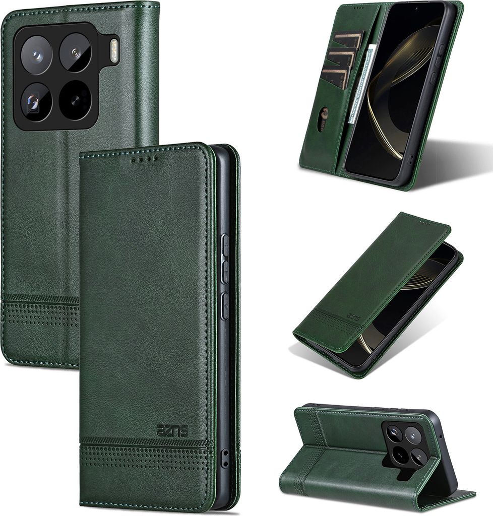 Leder Hülle für Xiaomi 15 Pro, Klapphüllen Brieftasche Magnetverschluss Ständer Schutzhülle Grün