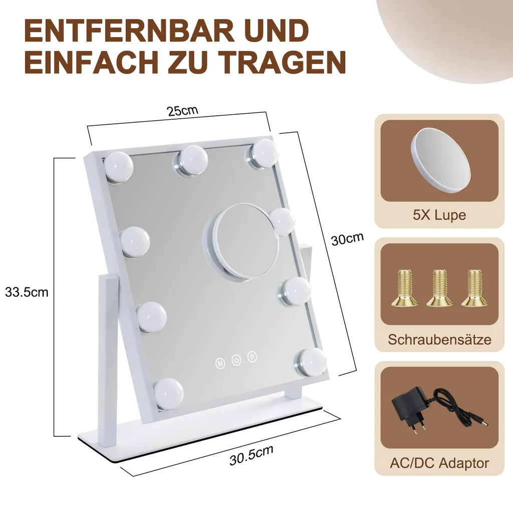 Miroir Hollywood à Intensité Variable avec Bouton Tactile et 9 LED HD