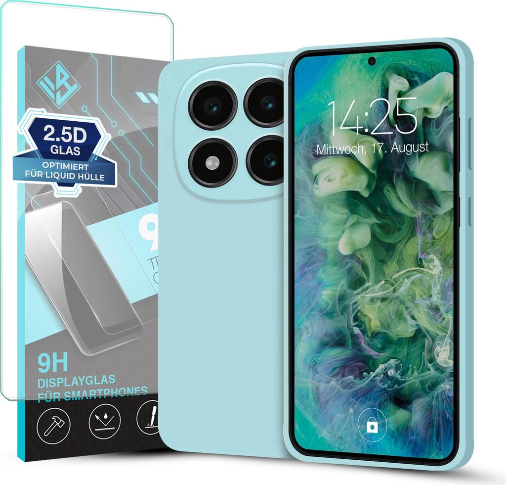 Hülle für Xiaomi Redmi Note 14 Pro mit 9H Displayglas Displayschutz Plus Case Cover Bumper Silikon Softgrip Schutzhülle Farbe: Hellblau