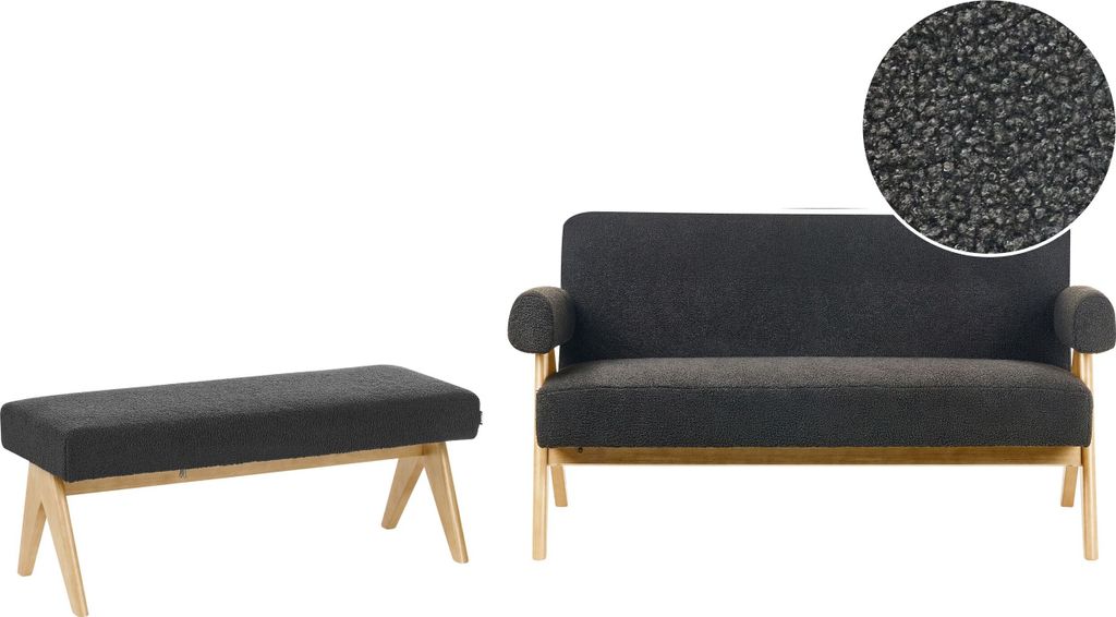 BELIANI 4-Sitzer Sofa Set Schwarz Bouclé-Stoff Gepolstert 2-Teilig Teddy-Optik Helle Holzbeine Retro-Design Wohnzimmer Sofa mit Polsterbank