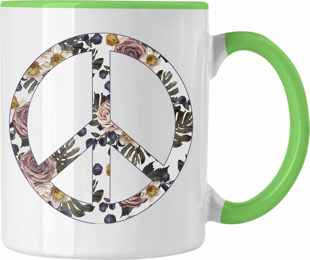 Trendation - Peace Zeichen Tasse Geschenk Hippies Frieden Stop Geschenkidee Blumen (Grün)