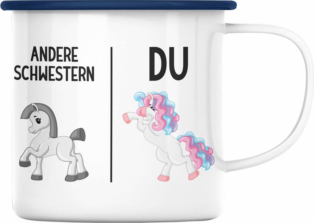 Trendation - Schwester Geschenk Geburtstag Emaille Tasse Geschenkideen Emaille Tassen mit Spruch für Beste Schwester (Blau)
