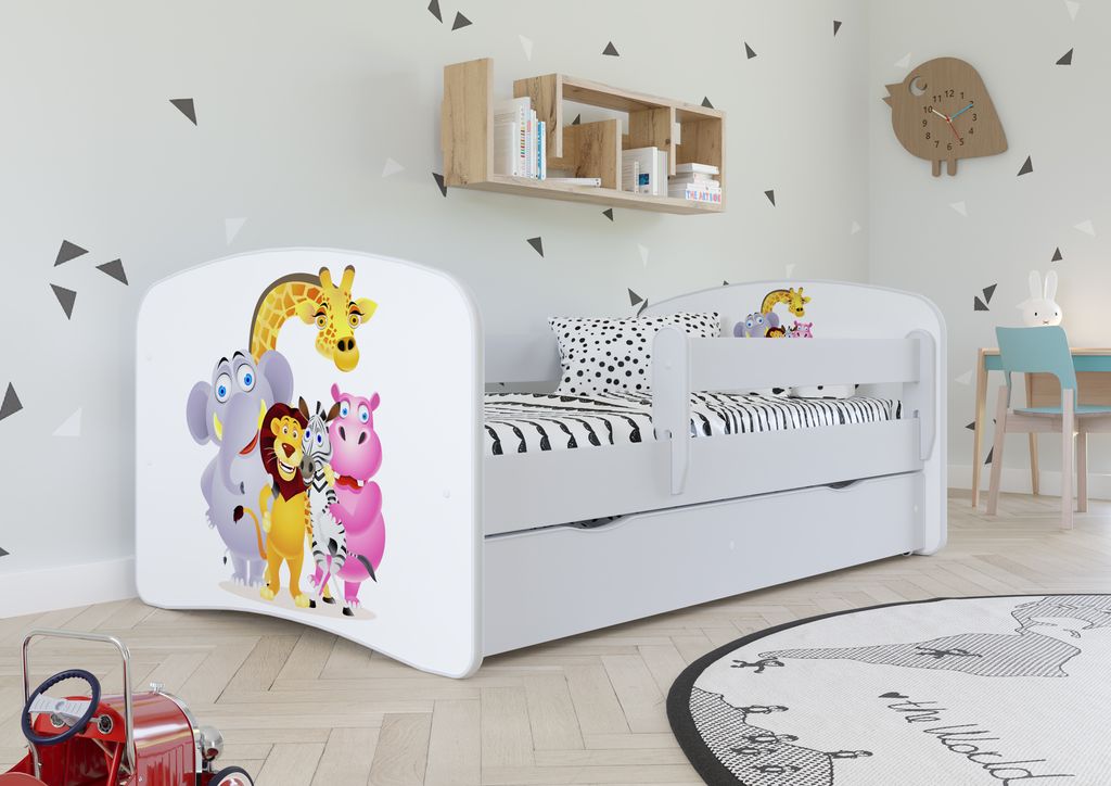 Kinderbett Jugendbett 70x140 cm Weiß mit Matratze Rausfallschutz Schublade und Lattenrost Kinderbetten für Mädchen und Junge - Zoo