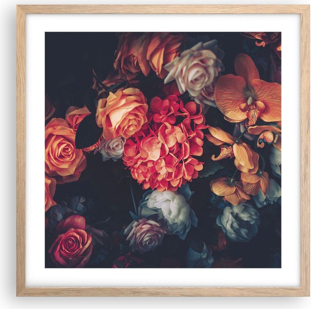Gerahmtes Poster - Rahmen in heller Eiche - Blumenstrauß Blumen Rosen - 50x50 cm - Wand Bild - Wanddeko - Wandbilder - Kunstposter - Wandposter - ...
