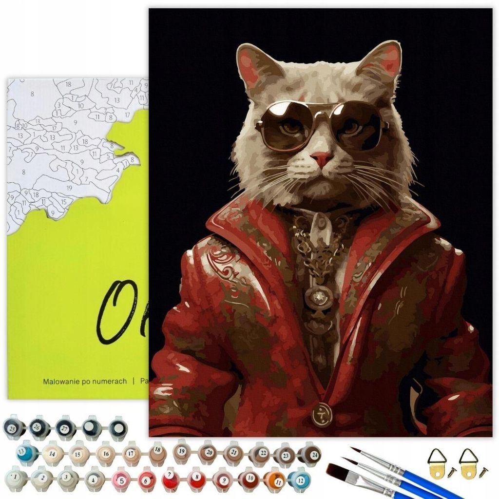 Oh Art! Malen nach Zahlen Tiere – Edle Katze im Anzug 50x40 cm auf schwarzer Leinwand mit Rahmen, 26 Farben inkl. Pinsel & Acrylfarben