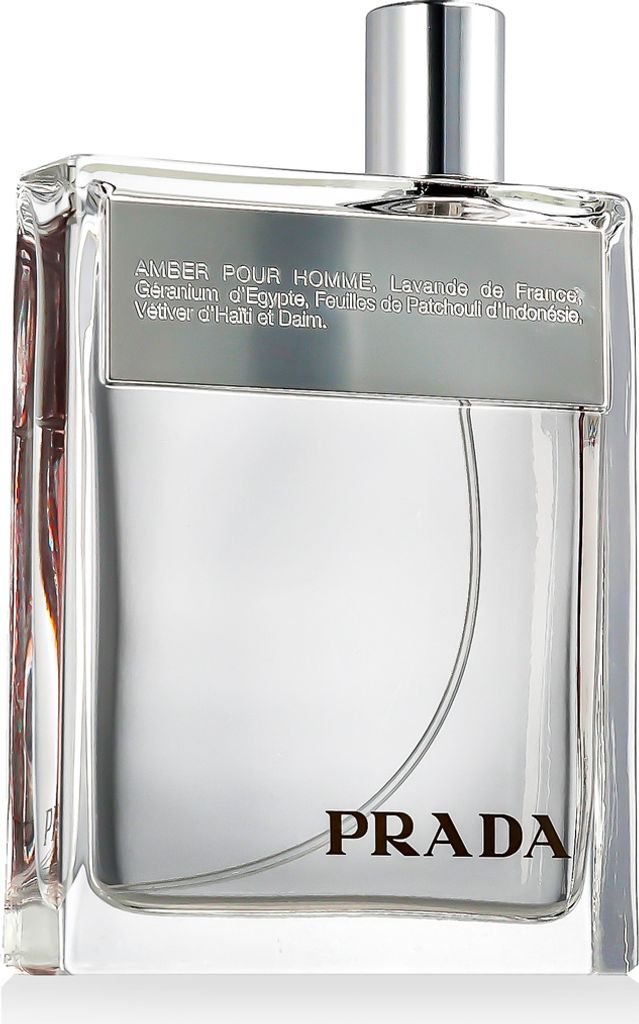 A clear studio shot of a bottle of Prada Amber Pour Homme Eau de Toilette.