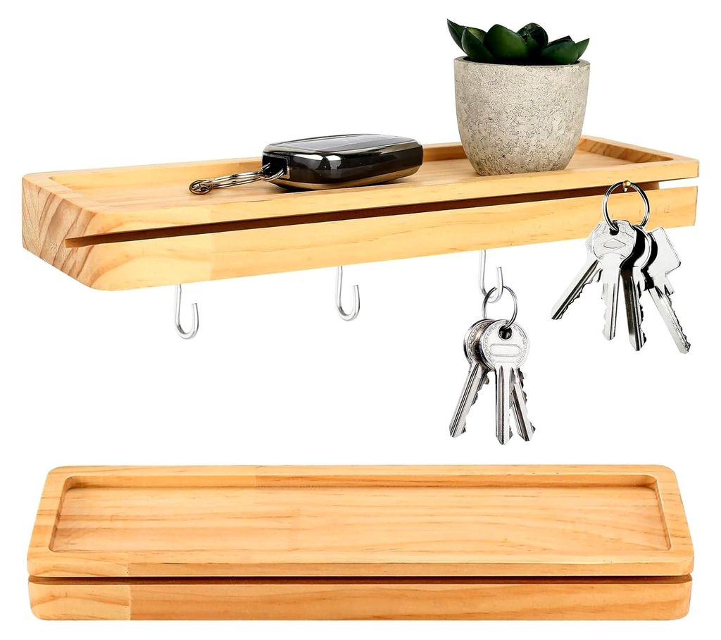 Schlüsselbrett mit Ablage aus Holz, Schlüsselhalter mit 4 Haken für Flur und Schlafzimmer