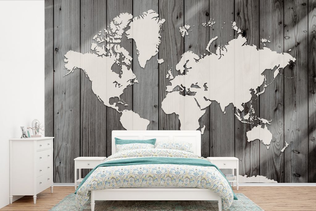 MuchoWow Fototapete für Wohnzimmer oder Schlafzimmer Wandtapete Vinyl Motivtapete Weltkarte - Holz - Schwarz - Weiß - 450x300 cm - Gemusterte