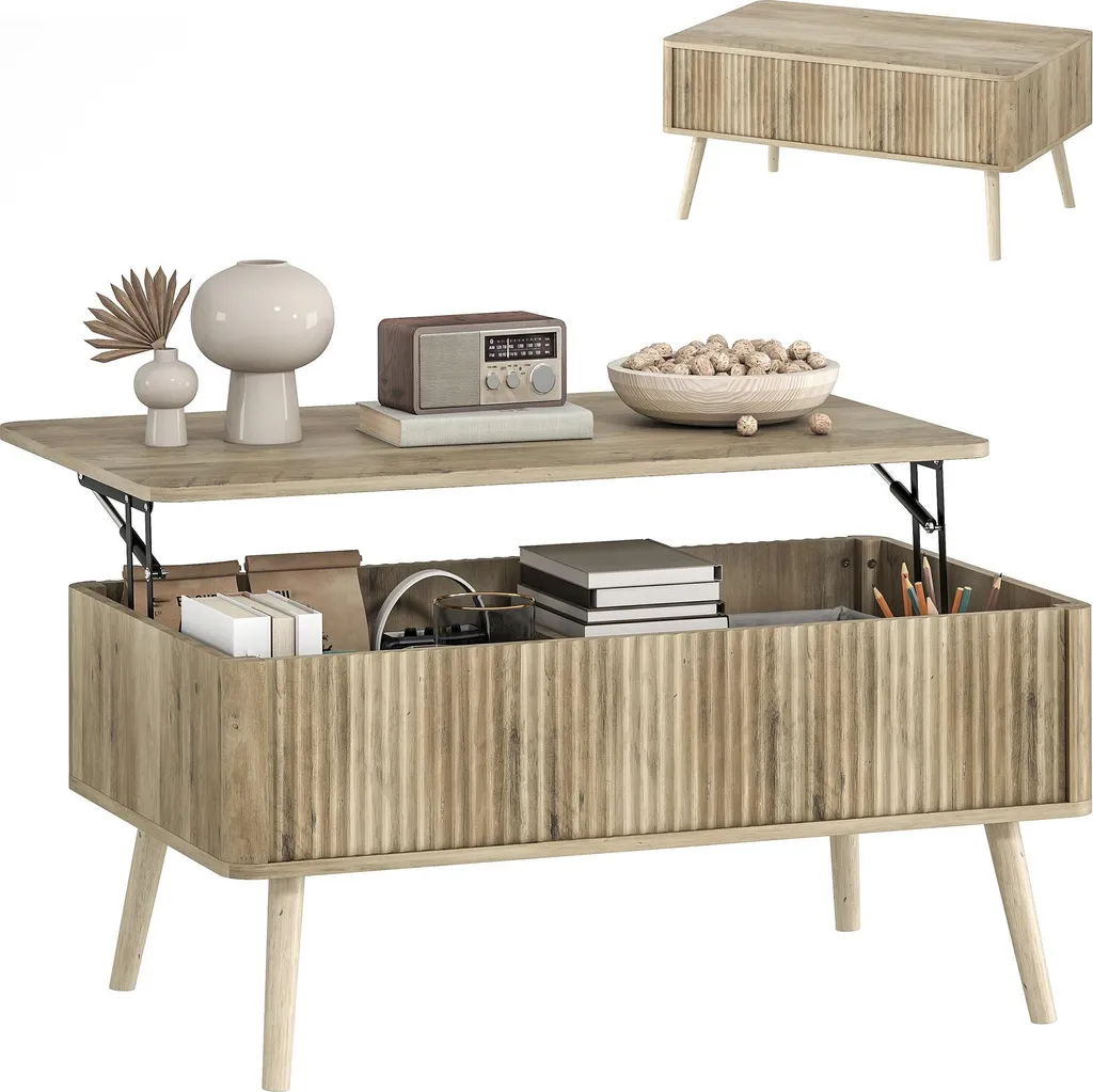 Table de salon relevable avec rangements et pieds en bois massif pin