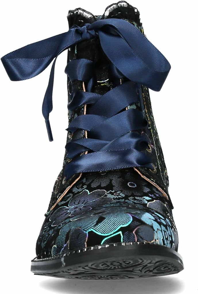 Laura Vita Damen Stiefelette Leder Blumenmuster Satinband Schnürsenkel Emcmao 45, Größe:37 EU, Farbe:Blau