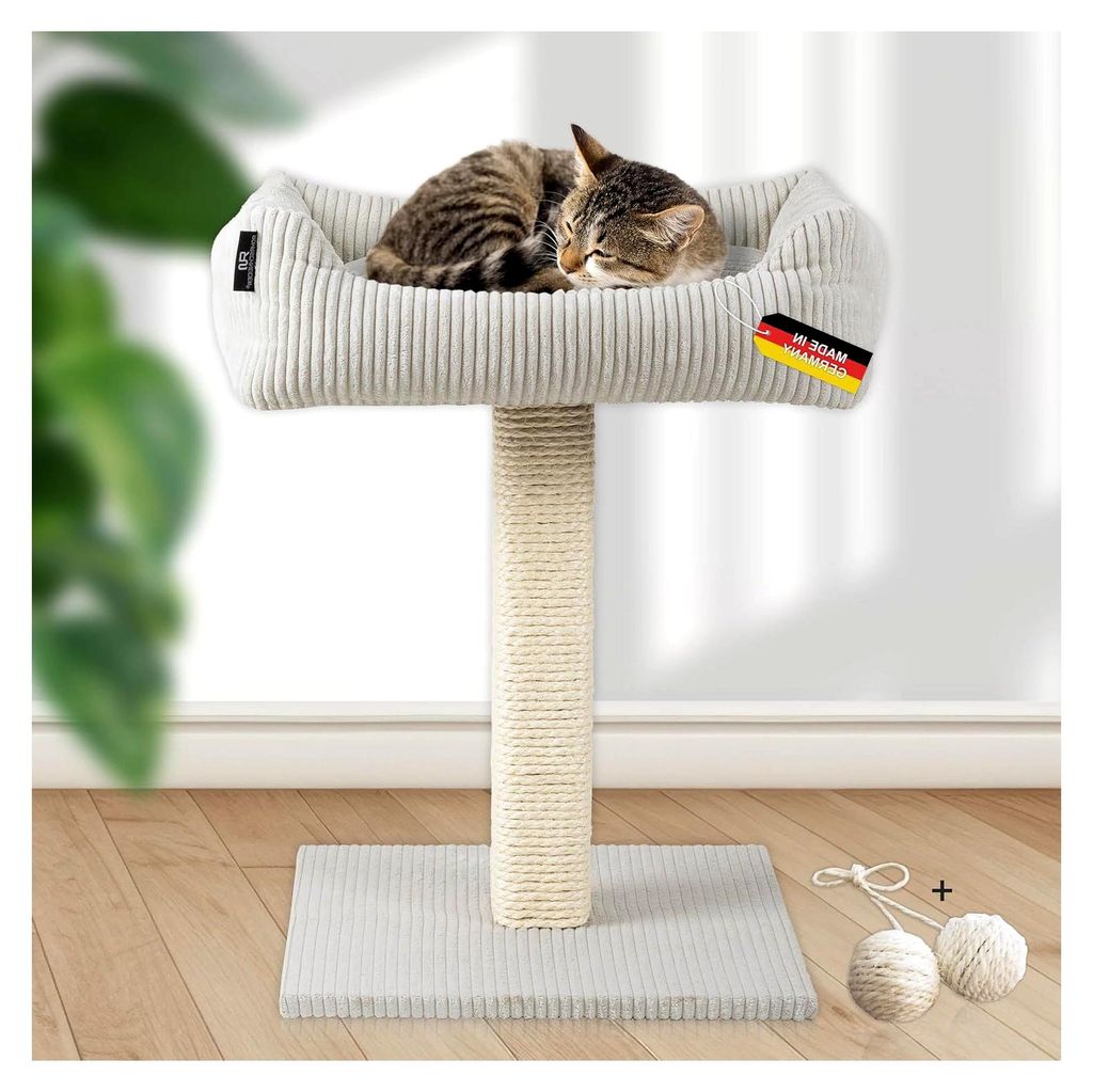 Katzenbaum Wolly | Hergestellt in Deutschland | Kleiner Kratzbaum mit kuscheligem Katzenbett aus Cordstoff | breiter Kratzstamm aus Vollholz | vers...