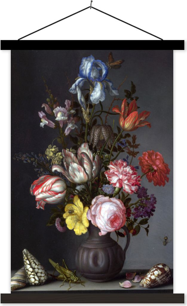 MuchoWow Textilposter Blumen in einer Vase mit Muscheln und Insekten - Balthasar van der Ast 120x180 cm mit schwarzem Rahmen - Fotos
