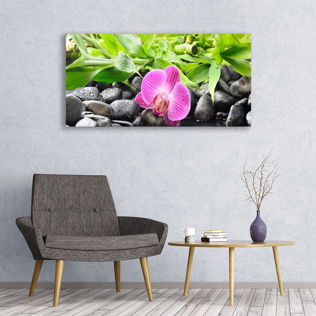 Glasbilder 120x60 Wandbild Druck auf Glas Blume Blätter Steine Kunst