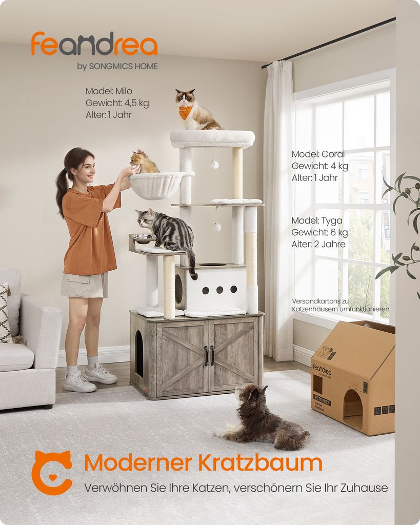 Feandrea Kratzbaum, Katzenklo-Schrank, erhöhte Fressnäpfe, Produktbild 2
