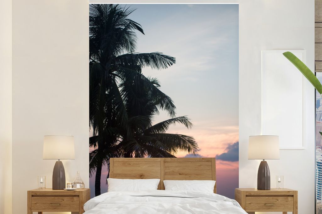 MuchoWow Fototapete für Wohnzimmer oder Schlafzimmer Wandtapete Vinyl Motivtapete Palme - Tropisch - Sonnenuntergang - 145x220 cm - Wanddekoration