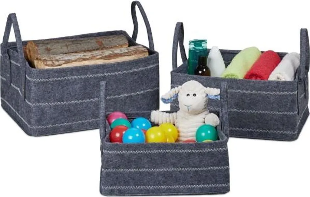 Panier de rangement en feutre en 3 parties - Set organisateur gris doux