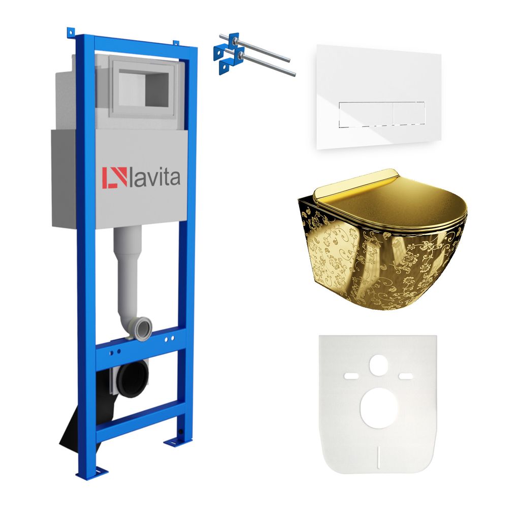 Lavita LAV 101 Vorwandelement für WC 40cm + Wand Hänge Tiefspül WC SOFI SLIM GOLDEN EYE Spülrandlos + Bedienplatte LAV 200.3.1 Weiß | Komplett...
