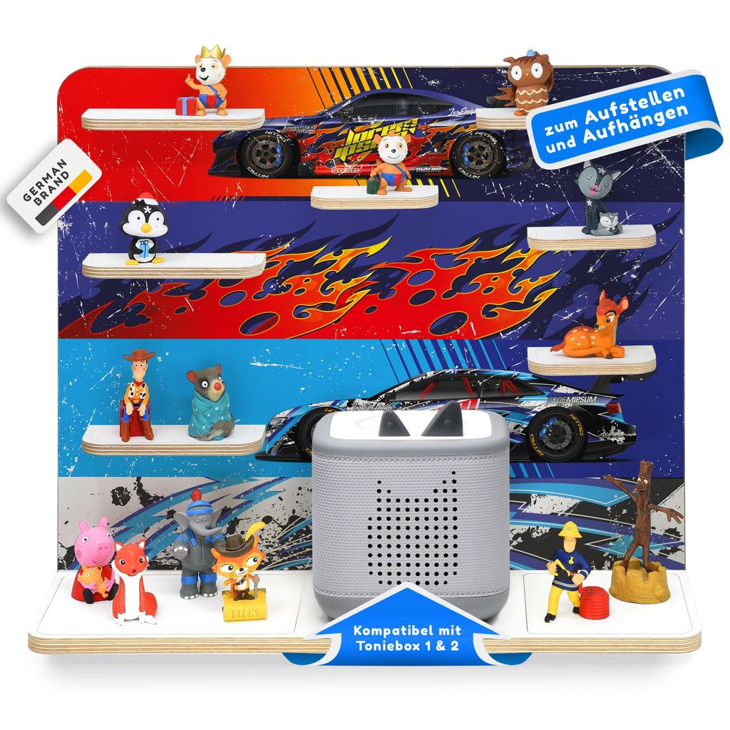stadtecken Kinder Regal für Musikbox I Geeignet für die Toniebox 1 & 2 und Tonies I Hörspiel I zum Aufstellen oder Aufhängen I Racer