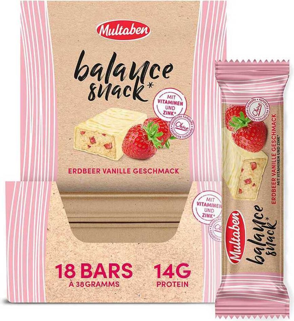Multaben Balance Snack – 18 Riegel à 38 g Erdbeer Vanille Produktbild 